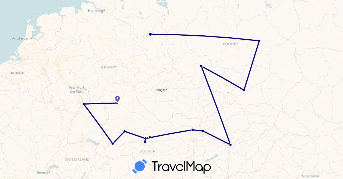 TravelMap itinerary: driving in Austria, Germany, Hungary, Poland, Slovakia (Europe)